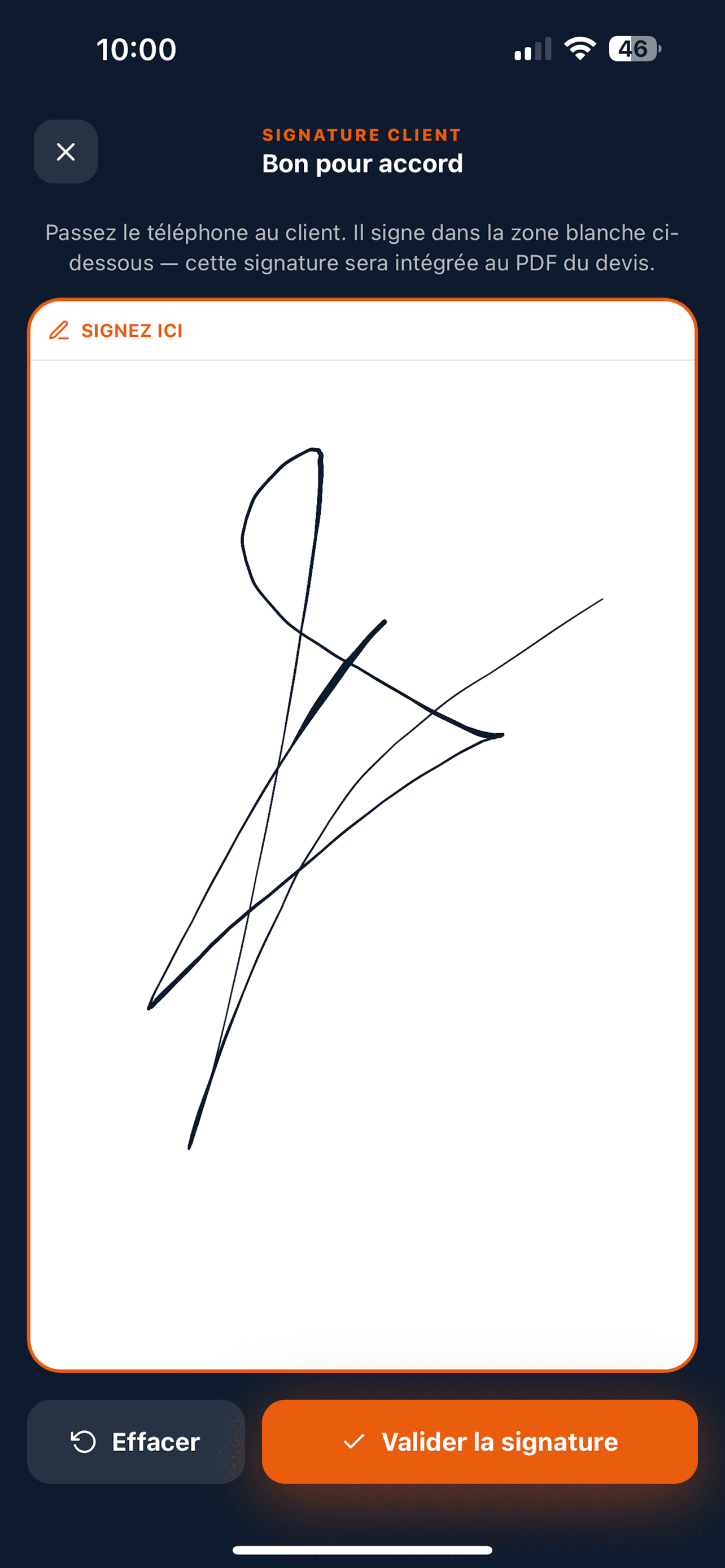 Écran de signature client